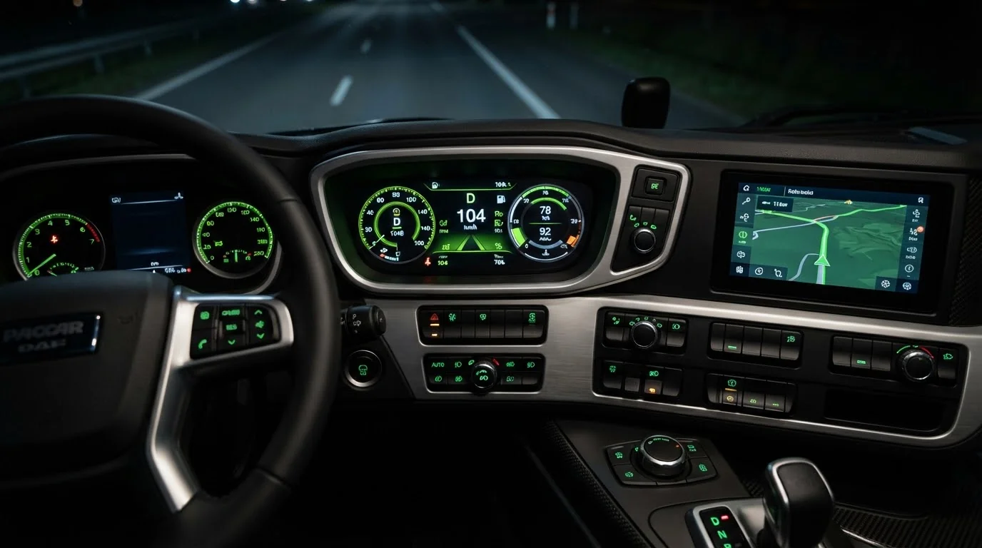 Connected dashboard inside a Translog truck at night