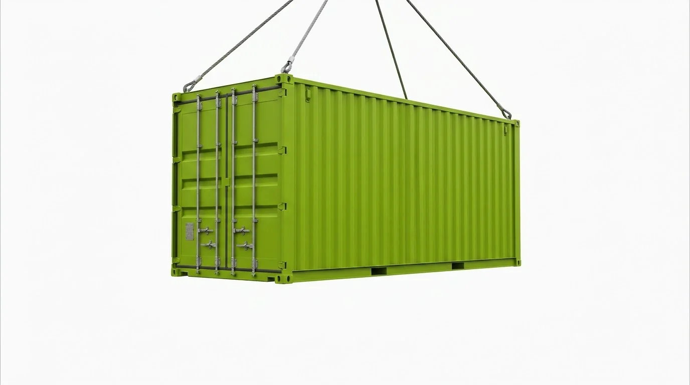 Green Translog shipping container lifted by a crane