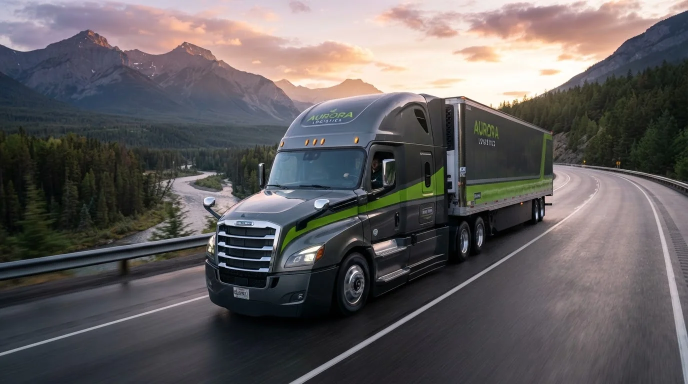 Translog long-haul truck on a mountain highway at dawn